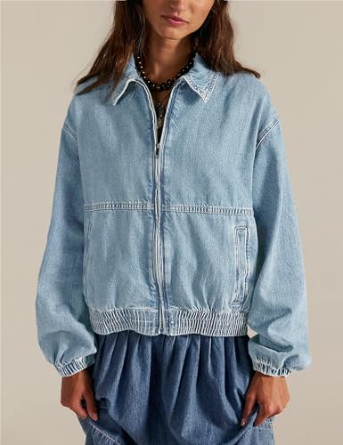 Yeokou Womens Oversized Jean Jacket Zip Up Long Sleeve Casual Denim Coats with Pockets3