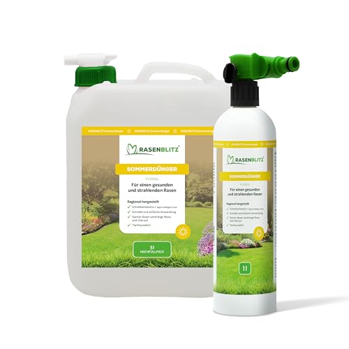 RASENBLITZ Rasendünger Sommer flüssig 5 L flüssiger Rasendünger für starken Rasen trotz Hitze ideal zur Ergänzung zu Rasensamen inkl. Sprühflasche Anwendung direkt am Gartenschlauch