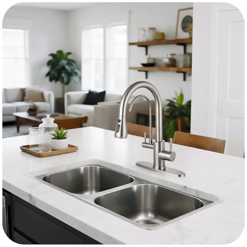 Image of Kitchen Faucets with Water Filter - Brushed Nickel 2 in 1 2-Handle Kitchen Faucet with Pull Down Sprayer, High Arc Stainless Steel Pull Out Kitchen Sink Faucet with Deck for 1 or 3 Hole