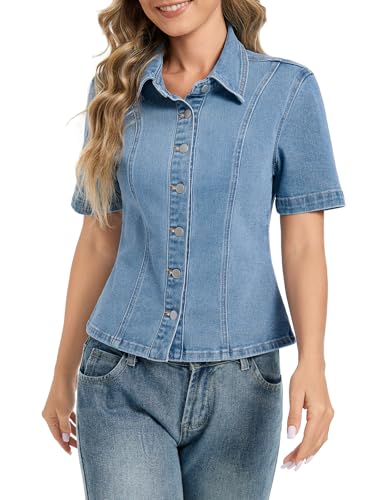 LifeShe Womens Short Sleeve Denim Jacket Slim Fitted Stretchy Jean Jacket Cropped Button Down Jean Shirt