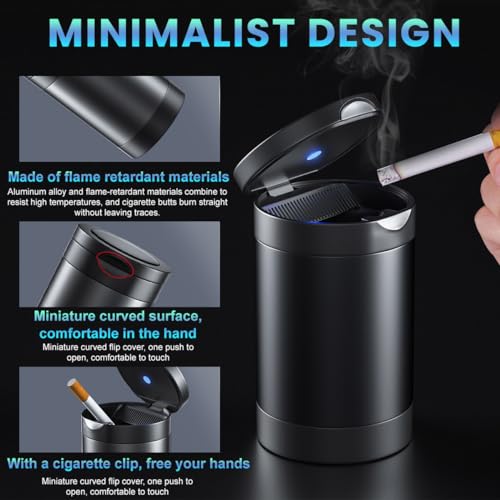 Image of Augeny Car Ashtray with Lid, Zinc Alloy Detachable Auto Ashtray with Led Blue light, Mini Portable Ashtray Trash Can Fit for Most Vehicles, Universal Interior Car Accessories (Black)