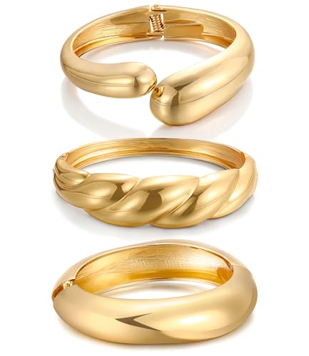 Image of Chunky Gold Bangle Bracelets for Women, Dainty 14k Gold Plated Big Stackable Bangles Set, Trendy Statement Cuff Bracelet Stack Fashion Jewelry Gifts