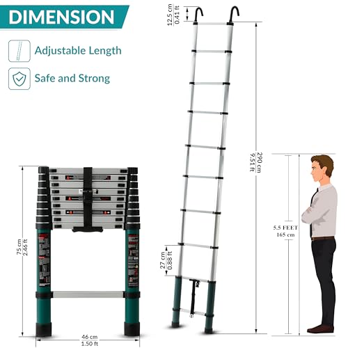 Image of Plantex 2.9m (9.5 ft.) Aluminium Telescopic Ladder /10-Steps Portable Ladder with Removable Hooks /Foldable Multipurpose Collapsible Ladder for Home & Outdoor Use /2 Years of Warranty By Plantex-(Green)