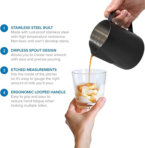 Miuly Milk Frothing Pitcher, 14oz/420ml Milk Frother Cup Stainless Steel Steaming Pitcher With Internal Scale, Espresso Accessories, Frother Pitcher For Espresso Machine Cappuccino Latte Art, Black