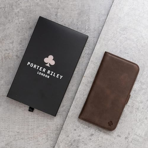 PORTER RILEY – Skórzane etui kompatybilne z iPhone'em 17 Pro Max. Wysokiej jakości, skórzany stojak/etui/portfel/składany pokrowiec z przegródkami na karty i poziomą podstawką (brąz czekoladowy)