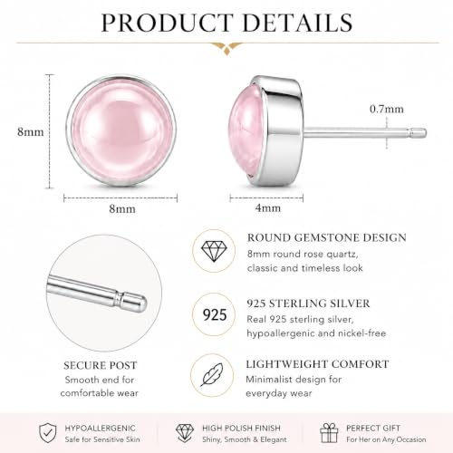 Rose Quartz Stud Earrings for Women 925 Sterling Silver Hypoallergenic - image 4