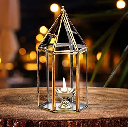Brass Diya for Pooja with Glass Cover Lantern, Decorative Brass & Glass Akhand Deepak Oil Lamp,Tea Light Holder Lantern for Durga Pooja & Diwali