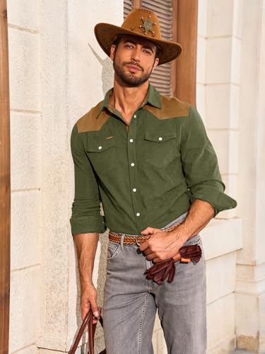 Image of Yousify Mens Western Cowboy Shirt Retro Corduroy Shirts with Pockets | Long Sleeve, Button Down, Vintage Snap Shirt, Country Shacket Jackets