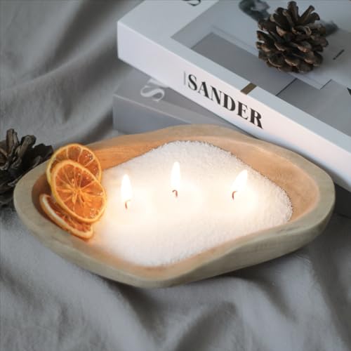 GrusoSP Decorative Wooden Dough Bowl Candle for Home with Pearled Candle Sand 18 Oz Unscented Candle Refill Kit Candle Making Kit DIY Sand Candle with 30 Wicks (White)