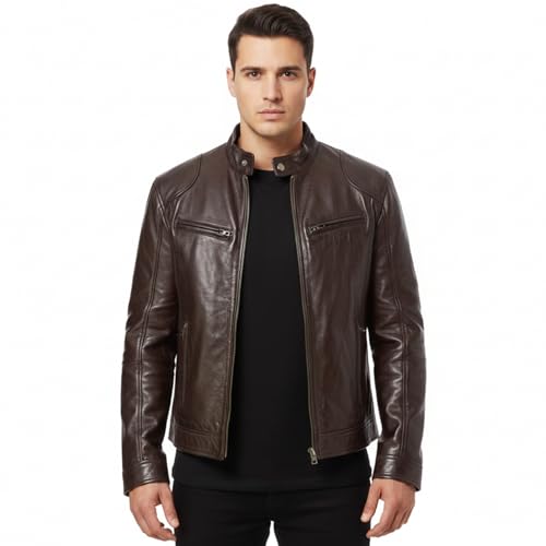 NIDONE Leren jas, heren winter warme leren jas heren, meerdere zakken slanke opstaande kraag jas lichtgewicht buitenkleding (bruin)