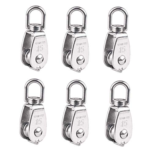6 Pcs 15MM Single Pulley Block, Stainless Steel Wire Rope Crane Pulley Block M15 Pulley Roller Lifting Crane Swivel Hook Hanging Wire Towing Wheel