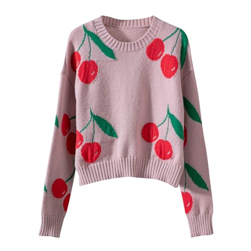 Women Cute Cherry Sweaters Crewneck Long Sleeves Fall Winter Warm Knit Pullover Sweater Tops