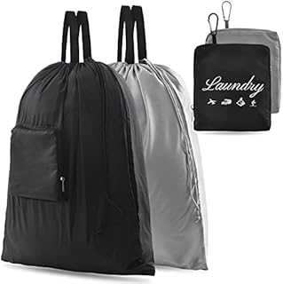 2 Pcs Travel Laundry Bag, JHX Dirty Clothes Bag 【Upgraded】 with Handles and Aluminum Carabiner, Collapsible Laundry Bag for Travel, Camp, Fitness, and Students (Black&Grey) 24
