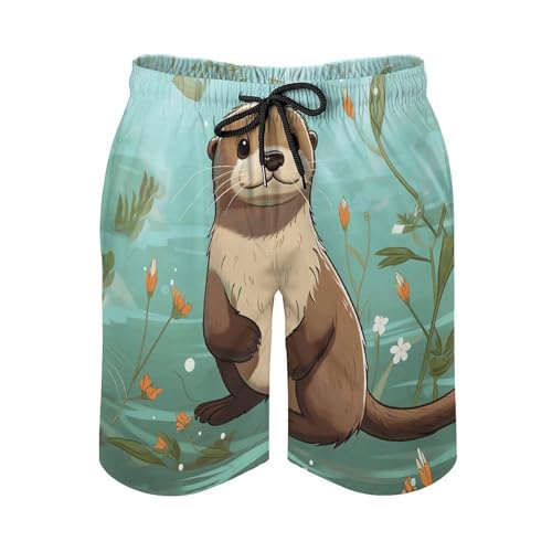 Mens Shorts Cartoon Cute Otter Men Swim Trunks Quick-Dry Beach Shorts with Drawstring Pocket Bathing Suit4