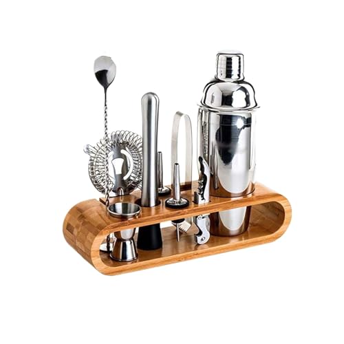 Juego de coctelera, Herramienta Barra Acero Inoxidable, Kit Barman con Soporte exhibición, Cuchara mezcladora Cubitos Hielo(10 Pcs)