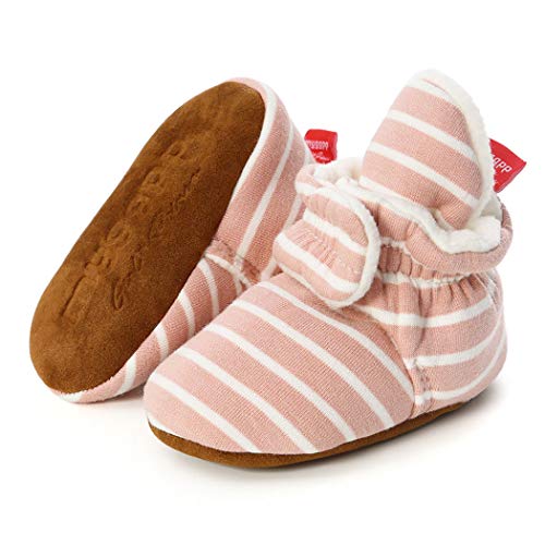Baby Boys Girls Fleece Booties Infant Cotton Socks Newborn Soft Sole Winter Warm Stay On Slippers Non-Skid Cozy Crib Shoes(6-12 Months M US Infant,F-Pink)