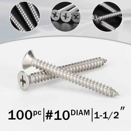 Image of 100 PCS #10X1-1 /2(1.5 inch) Stainless Steel Phillips Flat Head Wood Screws,Stainless Steel 18-8 A2(304) Screw,Home Screw Kit by QISHENG