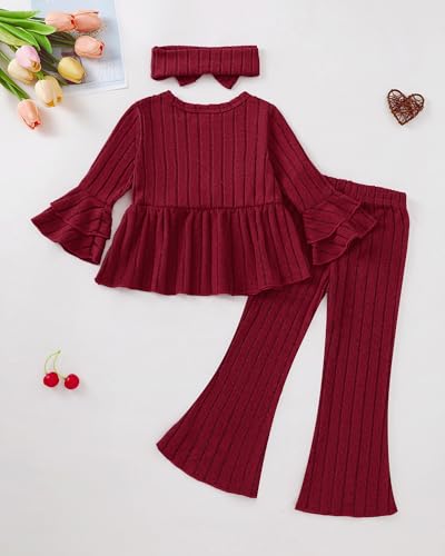 Image of SODLON Baby Girl Clothes Toddler Fall Winter Outfits Ruffle Long Sleeve Bow Top Flared Pants Set Bell Bottom Clothing 18M-5T