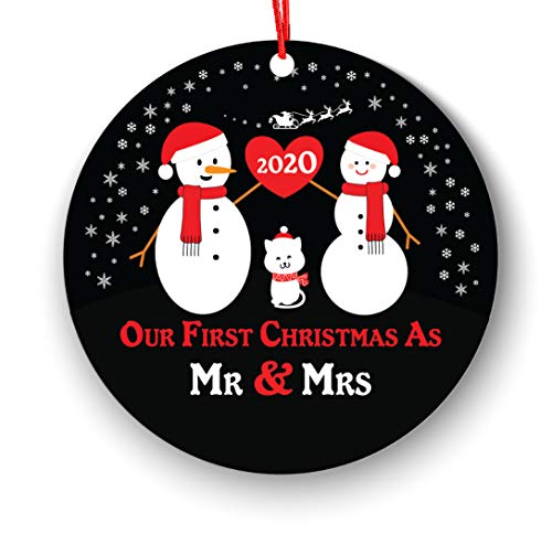 Mr and Mrs Christmas Ornament with Cat Pet - Our First Christmas as Mr & Mrs Snowmen Ornament -1st Married Christmas Ornament First Married Christmas - Newlywed Christmas