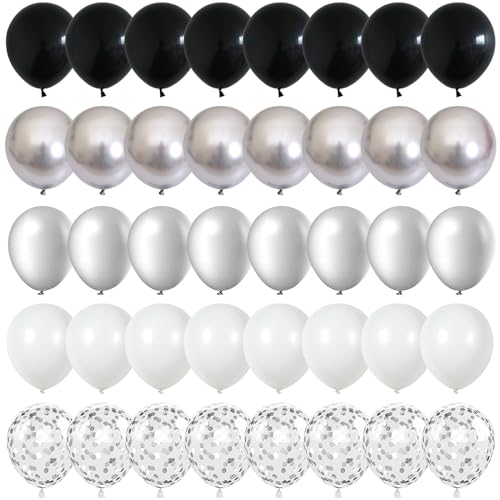 Image of Black and Silver Balloons, 60 Packs 12 Inch Chrome Metallic Silver Balloons and Confetti Balloons, Black White Silver Balloon for Wedding Engagement Birthday Halloween Decorations