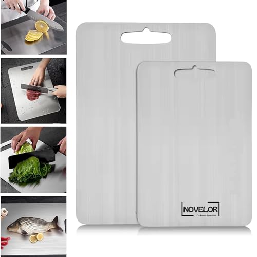Stainless Steel Cutting Boards Set of 2 – SUS 304 Chopping Boards for Kitchen, Meat, Vegetables, Fruits, Baby Food – Dishwasher Safe, Durable, Easy to Clean, Rust Resistant (14.2”x9.8” & 11.24”x7.87”)