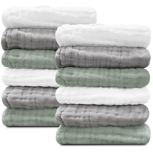 Image of Sunny zzzZZ Baby Muslin Washcloths -100% Cotton Muslin Soft Baby Bath Wash Cloths and Absorbent Burp Cloths for Newborns Kids Girls and Boys -12 Pack, 12x12 Inches - White+Green+Grey