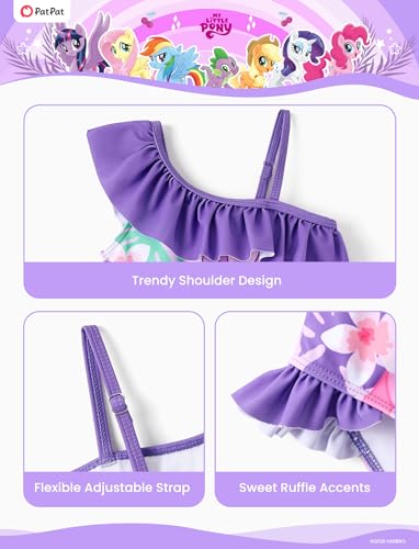 Image of My Litle Pony One Piece Swimsuit Pony Print Off-Shoulder Ruffle Summer Swimwear Beach Pool Kids, Pink, 2‑9 Years