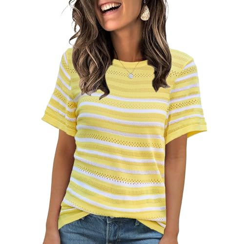 Image of ANCAPELION Women's Short Sleeve Sweater Top Striped Knit Crew Neck Pullover for Summer Trendy Shirts