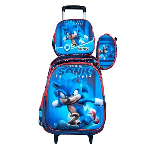 Kit Mochila do Sonic em 3D com Rodinhas + Lancheira Térmica + Estojo Escolar Infantil Alto Relevo