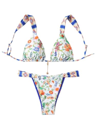 MakeMeChic Women's Floral Print 2 Piece Bikini Sets Tie Back Triangle Thong Bathing Suit Swimsuit Multicolor Medium