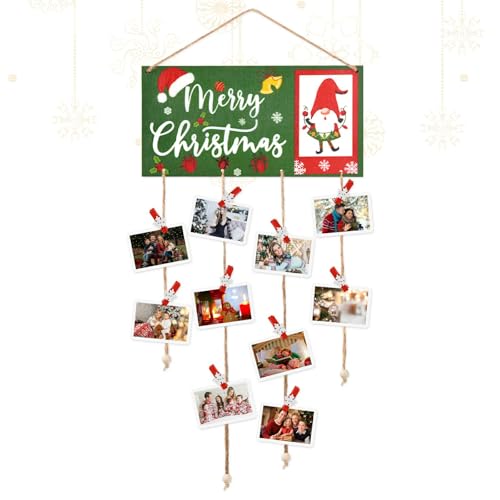 Daketle Christmas Card Holder Wooden Merry Christmas Wall Hanging Picture Holders with 30 Snowflake Wooden Clips for Christmas Home Office Crafts Display (Christmas, Green)
