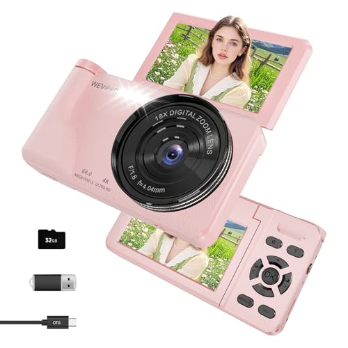 Appareil Photo Numérique 4K 64MP, Wevoor Digital Appareils Numérique Compact 32GB avec Écran Rabattable 180°, 18x Zoom Numérique, 2000mAh Batterie, pour...