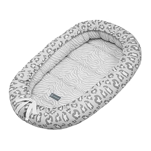 emma & noah Premium Babynest, Babynestchen Neugeborene, Bio-Baumwolle, 90x55cm, Extra Weich Gepolstert, OEKO-TEX - Frei von Schadstoffen, Hochwertige Verarbeitung (Leo Grau) Cover