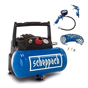 Scheppach HC06 6L Air Compressor | 1200W Oil-Free 200L/min | Compact for Tyre Inflation, Paint Spray Gun, Nail Staple Gun, Air Ratchet | 8 Bar | Inc. Accessory Kit & Hose