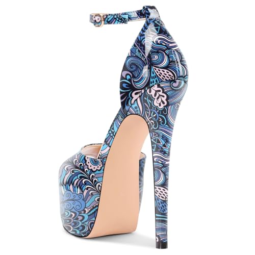 Image of TNYNFBEB Womens Stiletto High Platform Heel Peep Open Toe Sandals Ankle Strap Buckle Prom Party Dress Patent Leather 6.1 Inches Heels
