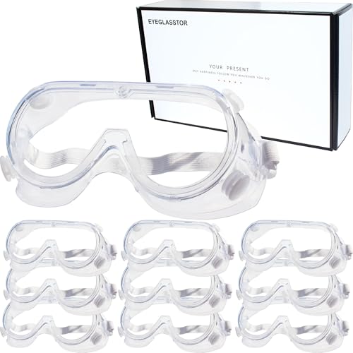 EYEGLASSTOR 10 Pack Protective Safety Goggle for lab chemistry soft lightweight goggles over prescription glasses Anti-Splash worker construction Eye protection Science Onion Cutting and More White