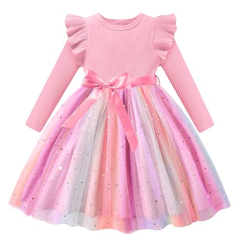 Vogseek Toddler Girl Tulle Dress Ruffle Long Sleeve Baby Girls Fashion Casual Party Tutu Dresses 2-6Y