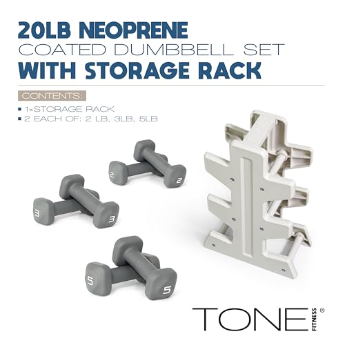 Image of Tone Fitness Neoprene Dumbbell Set with Storage Rack - Non-Slip, Anti-Roll Hand Weights for Home Gym Workouts | 20 lb, 32 lb, 50 lb, 60 lb & 100 lb Options