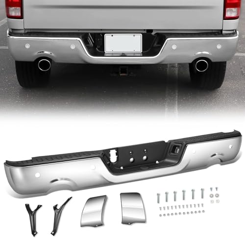 Steel Rear Step Bumper Compatible with 2009-2018 Ram 1500 Pickup and 2019 Ram 1500 Classic 3-Piece Modular Design with Parking Sensor Hole Dual Exhaust Cutout Chrome CH1103123