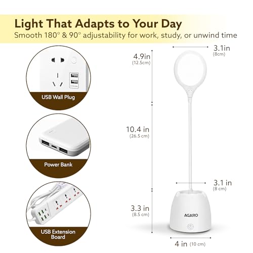 Image of AGARO Regency Study Table Lamp, 5W LED Desk Light, Rechargeable USB Type-C, Touch Control, 3 Different Bright Modes, 360 Rotating Flexible Gooseneck, Pen Holder & Mobile Stand, for Study & Bed Room