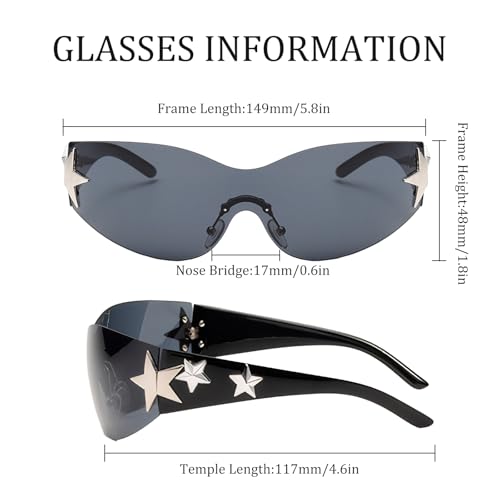 Y2K Sunglasses for Women Men Trendy Shield Wrap Around Sun Glasses Rimless Star Sunglasses Oversized Glasses Shades3