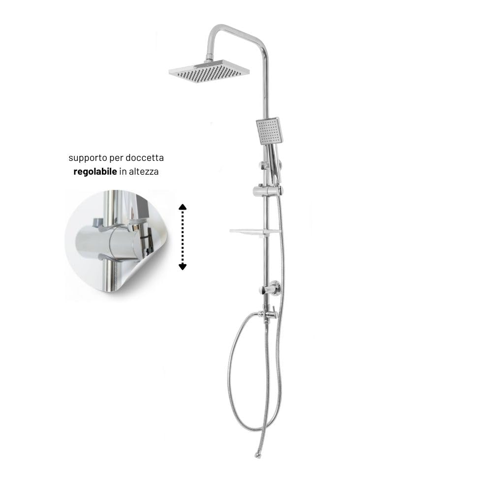 Colonna Doccia Attrezzata Luna Ottone Cromato Soffione Quadro Doccetta Collegabile a Miscelatore Termostatico o Presa d'Acqua a Muro