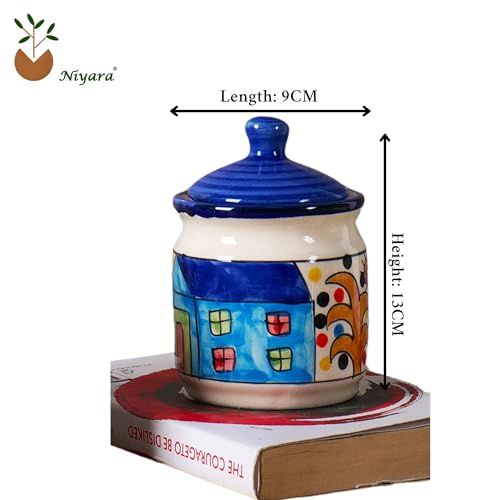 Image of Niyara Handcrafted Ceramic Pickle Jar Set, Premium Metal Tray & Lids - Multipurpose Storage for Pickles, Chutneys, Spices & Condiments (Set of 3, 300 ml with metal tray, home print)