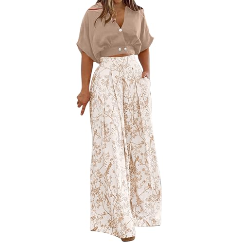 Ensemble Pantalon Femme Chic Et Elegant Ete Survêtement Ample Costume 2 Pièces Tailleur Décontracté D'été Imprimé T-Shirt + Pantalon Large Tenue de Plage Casual Affaires Outfits Suit Pas Cher