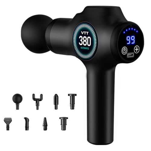 Pistola de Masaje Muscular, Pistola de Masaje, Pistola Masajeadora Muscular con 99 Niveles de Velocidades, 9 Cabezales de Masaje, Eléctrica Masajeador de Tejido Profundo, Pantalla LCD Táctil y Carga T