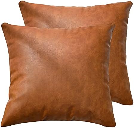 KKY Faux Leather Farmhouse Throw Pillow Cover 18x18 inch, Modern Country Style Decorative Throw Pillow Cover for Bedroom Living Room Sofa Brown Accent Pillows.(Full Leather 2PC, 18x18 inch)