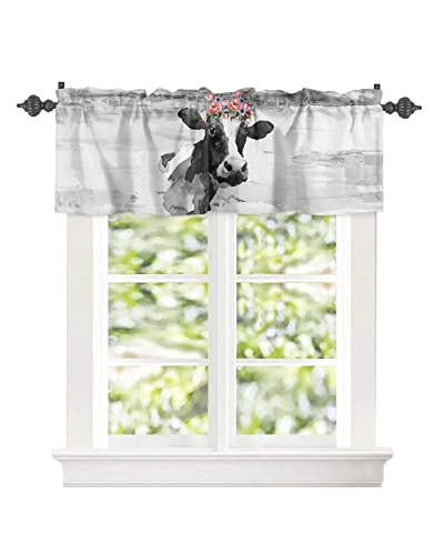 Onehoney Window Valances Kitchen Short Curtains, Farm Cute Cow With Flower Wreath Rod Pocket Valance Drapes Decorative Window Treatment For Living Room Bedroom Bathroom Retro Grey Animal Art #TOP1