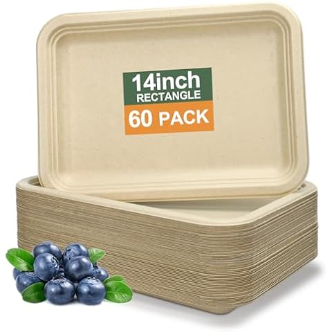 BangShou 𝟔𝟎 𝐏𝐚𝐜𝐤 Disposable Food Trays, Heavy Duty Paper Plates, 14 Inch Disposable Platter Trays, Crawfish Tray Serving BBQ, Crab, Lobster, Wedding, Event Plates, Party Supplies Cover