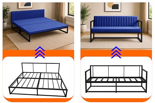 Image of Metal Sofa Cum Bed for Living Room | Modern Industrial Design Metal Frame 3 Seater Sofa Bed for Home, Office & Lounge-Blue