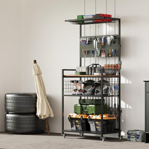 ahomrt 65.5IN Large Fishing Rod Holders for Garage w/Pegboard and Lockable Wheels, 4-Tier Fishing Rod Storage Rack with 12 Hooks, Reel Rack, Fishing Pole Holder for 12 Rods, Fishing Gear Stands